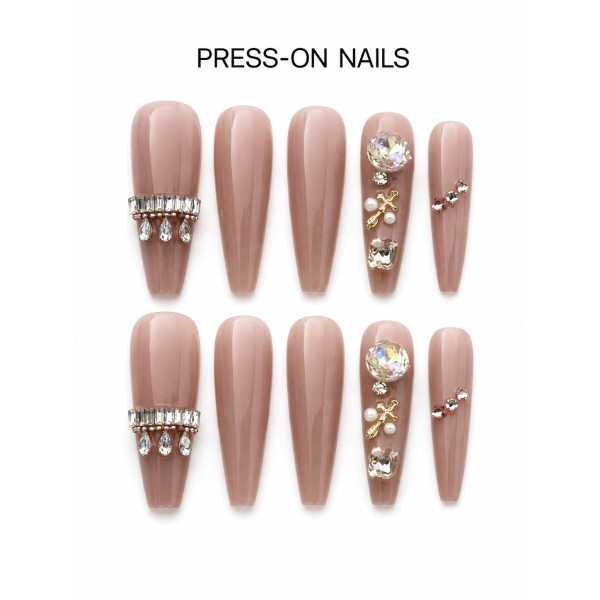 Nude Long Tapered Press‑On Nails, Luxury Rhinestone Pearl Cross Reusable Fake Nails